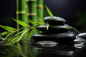 Tranquil Zen Basalt Stones and Bamboo with Dew Created with Generative AI Tools