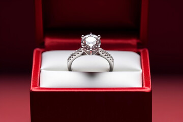 Beautiful white gold or silver engagement ring with large stone, diamond in red open package, close view.generative ai