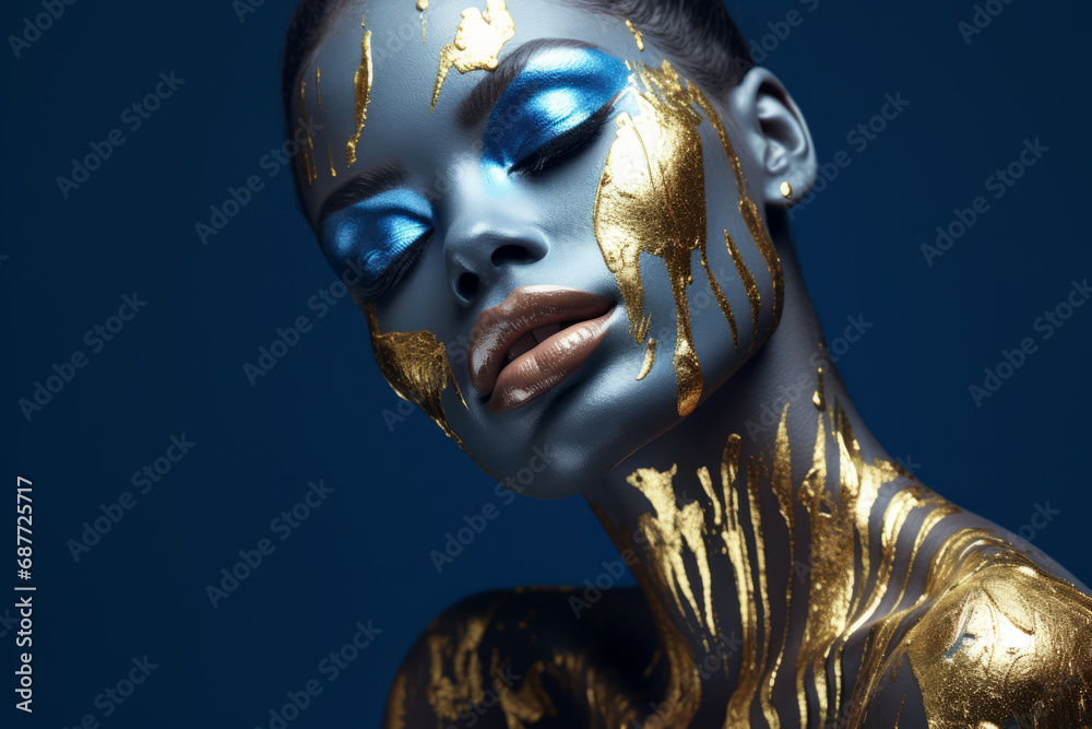 Wall mural Beautiful portrait of a woman covered in gold paint with blue make-up isolated on dark blue background with space for text.generative ai