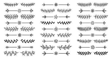 Laurel and floral text dividers doodle set. Wedding decorative elements with leaves and flowers. Branches, divider ornament, borders, lines. Hand drawn vector illustration isolated on white background - obrazy, fototapety, plakaty