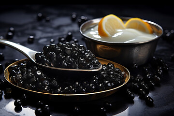 Close-up of a silver spoon filled with black caviar on a caviar and lemon background. rich, delicious, expensive food.generative ai - obrazy, fototapety, plakaty