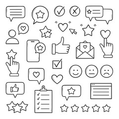 Feedback doodle set. Quick Response, rating, review, testimonials, support service, emotion symbols in sketch style. Hand drawn vector illustration isolated on white background © AnyaLi