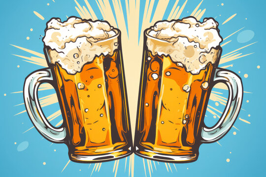 Beautiful colorful illustration with two mugs of beer on a beautiful light blue colorful retro background, beer advertising or banner for bars and restaurants.generative ai