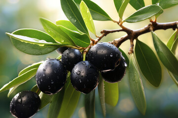 ripe black olives on the tree with green leaves and water drops, close up view.generative ai