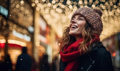 Happy smiling woman looking up. Festive holiday feelings. Portrait of optimistic elegant lady on bokeh lights background. Christmas anticipation concept in cozy shopping mall. White female caucasian