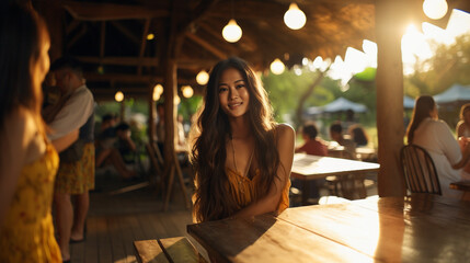 smiling woman wears a summer dress at lively outdoor restaurant of locals, vacations, fictional location