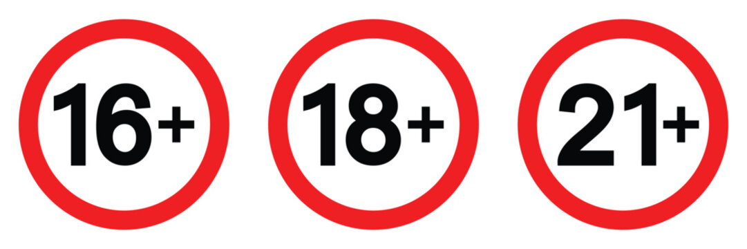 Age limit sign set. Warning censure symbol isolated on white background, 16 plus, 18 plus, 21 plus, censored, sixteen, eighteen, twenty one age older adult content. Only age restriction. Vector icon.