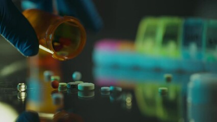 Pills. A middle-aged man doctor wearing safety glasses examines drugs in a modern research center. Experienced worker examines pills researching new ways to create medicines, gloves - Powered by Adobe