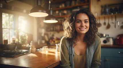 smiling woman in cozy, well-equipped kitchen