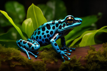 Obraz premium A blue frog with black dots on a branch.generative ai