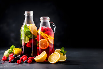 Refreshing fruit drink with pieces of fruit and ice cubes on a dark background.
