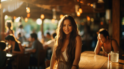 smiling woman in summer dress enjoying lively restaurant or bar ambiance, fictional location - obrazy, fototapety, plakaty