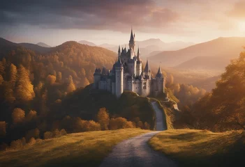 Fotobehang Old fairytale castle on the hill Fantasy landscape illustration © ArtisticLens
