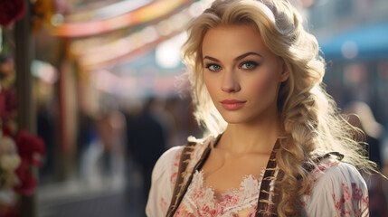 Fototapeta premium young adult german woman, wears Dirndl, Bavaria Oktoberfest, happy blonde woman, 20s, fictional location