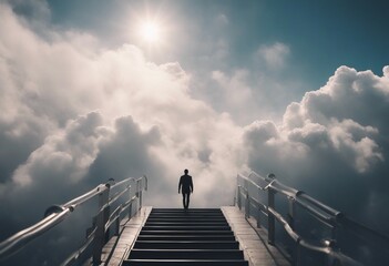 Person walking up stairway to heaven through clouds in the sky after death