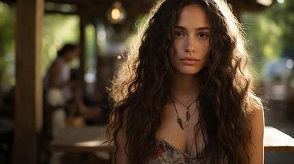 Obraz premium serene young woman in sunlit patio, contemplating surroundings, fictional location