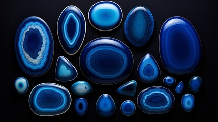 collection of perfect polished blue laze agate chalcedony gemstones on black cardboard, top down view, 16:9