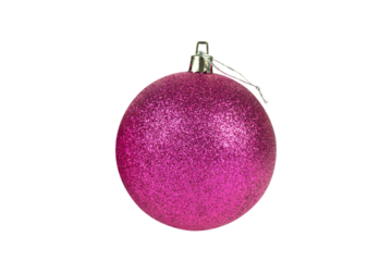 One pink glittered Christmas ball isolated on white, transparent background, PNG. Decorative toy, shiny ball covered with glitter. Decor for the Christmas tree and New Year holiday.