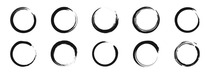Grunge circles brush set. Black circle frames. Round line of black paint. Grunge round shapes. Circular ink brush stroke fro design elements. Vector illustration. - obrazy, fototapety, plakaty