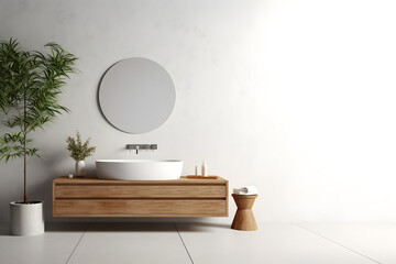 modern bathroom decor with vanity, bathtub and blank walls.
