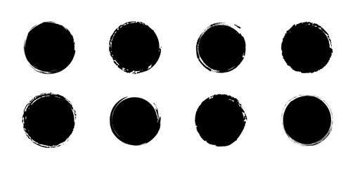 Grunge circles set. Grunge round shapes. Banner circle frames for text. Black paint stains. Vector illustration. - obrazy, fototapety, plakaty