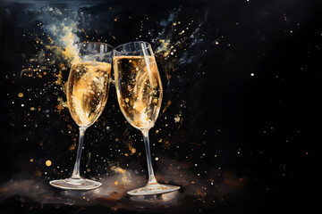 Glasses of champagne on a dark background with bokeh. Festive New Year background.
