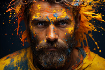 Man with beard and intense gaze, splattered with vibrant orange and blue paint against a dark background.