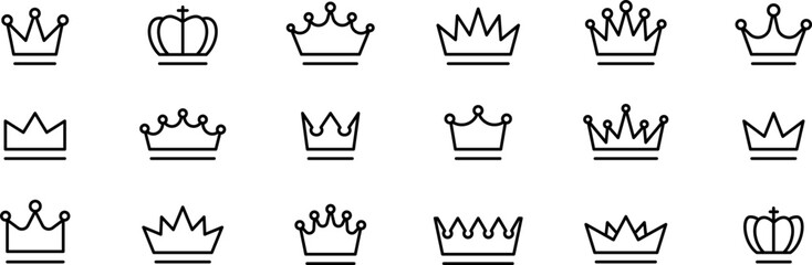 Crown thin line icon set. Silhouette crown collection. Black crown symbol. Editable stroke. Vector illustration.