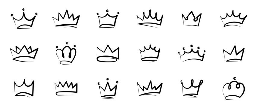 Crowns hand drawn icon set. Doodle crown collection. Crown sketch. Queen or king crowns. Vector illustration.