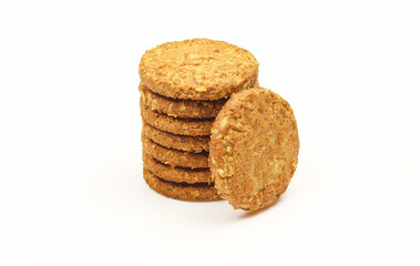 Stack o healthy integral cookies made of oats isolated on white background