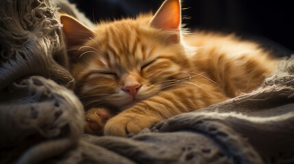 A Close-Up of a Kitten in Sleeping Mode, Capturing the Innocence and Charm of Feline Dreams in a Cozy and Heartwarming Nap