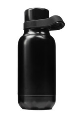 Black shiny thermos bottle isolated on white background - obrazy, fototapety, plakaty