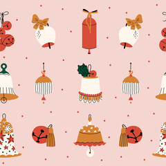 Lovely Christmas seamless pattern with golden sleigh bells, ribbon, bow. Winter holiday background for postcard, print, fabric, wrapping paper, wallpaper, textile, cover