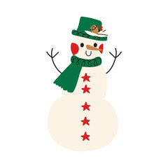 Cute snowman wear a hat and scarf isolated on white background. Holiday winter and Christmas flat cartoon illustration for banner, sticker label and greeting card