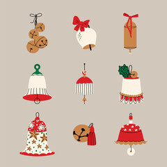 Christmas bells set vector. New year flat cartoon decoration bows. Holiday golden metal and ceramic campane collection. Winter elements illustration