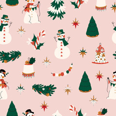 Christmas seamless pattern with snowman, fir tree, bell, garland and star. Holiday New Year pink background for wallpaper, wrapping paper, winter greetings, fabric, textile, greeting cards, cover