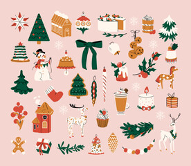 Big Christmas set of festive symbols and design elements. Cute flat illustration in hand drawn style isolated on pink background