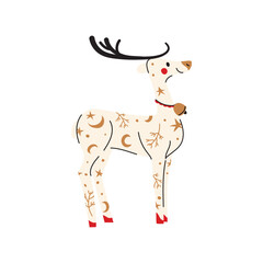 cute white reindeer icon with golden Christmas bell. Winter holiday animal vector character illustration isolated on white background