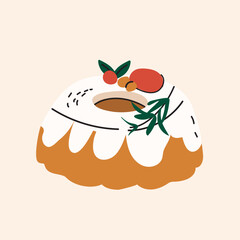 Christmas cake pudding isolated on beige background. Tasty Cute winter holiday pie with holly berry and rosemary food vector illustration. Baked winter dessert