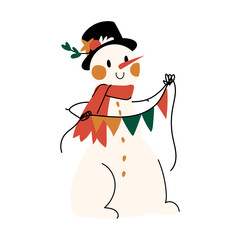 Cute snowman wear a black hat and red scarf isolated on white background. Holiday winter and Christmas flat cartoon illustration for banner, sticker label and greeting card