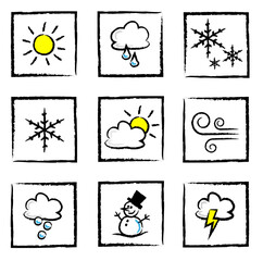 Collection of nine sketch weather icons line drawings of lightening, partly cloudy, rain, snow, snowflake, snowman, sun and wind