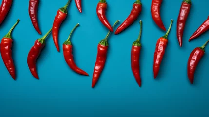 Fotobehang Red chili peppers scattered on a vibrant blue background, flat lay. © ardanz