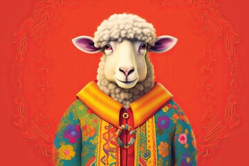 Very rich cute sheep in bright clothes smiling proudly