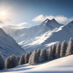 Snow Forest Mountain Tree Landscape Winter hoarfrost. A serene winter landscape with a snow covered forest and mountain range, gleaming peaks, snow laden slopes