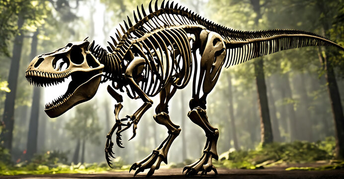 Fossil skeleton model of Tyrannosaurus Rex ( t-rex ) in green tree tropical forest background. prehistoric tropical landscape. side view of skull bone, dinosaur skeletal. backdrop. generative ai.