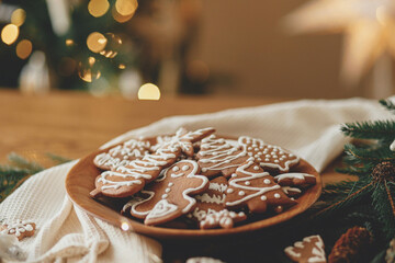 Christmas gingerbread cookies with icing in plate on festive rustic  table with decorations against...