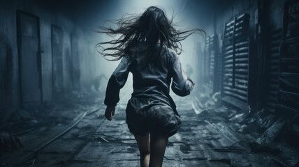 Adult girl runs away alone at night along dark corridor or alley, back view of scared young woman. Female person escapes like in thriller or horror movie. Concept of terror, cinematic