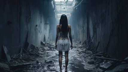 Fotobehang Lost girl stands alone at dark spooky alley or corridor, back view of young woman in grungy scary place. Female person like in thriller or horror movie. Concept of terror, dirt © scaliger