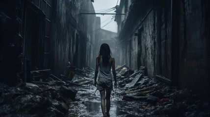 Lost girl walks away alone along dark spooky alley, back view of scared young woman in creepy grungy place. Female person like in thriller or horror movie. Concept of victim, cinematic - obrazy, fototapety, plakaty