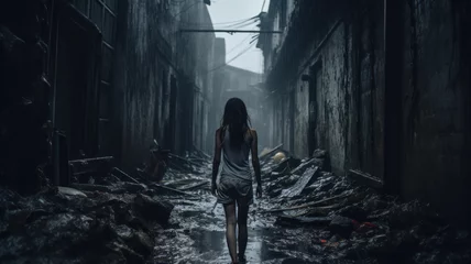 Foto op Plexiglas Lost girl walks away alone along dark spooky alley, back view of scared young woman in creepy grungy place. Female person like in thriller or horror movie. Concept of victim, cinematic © scaliger